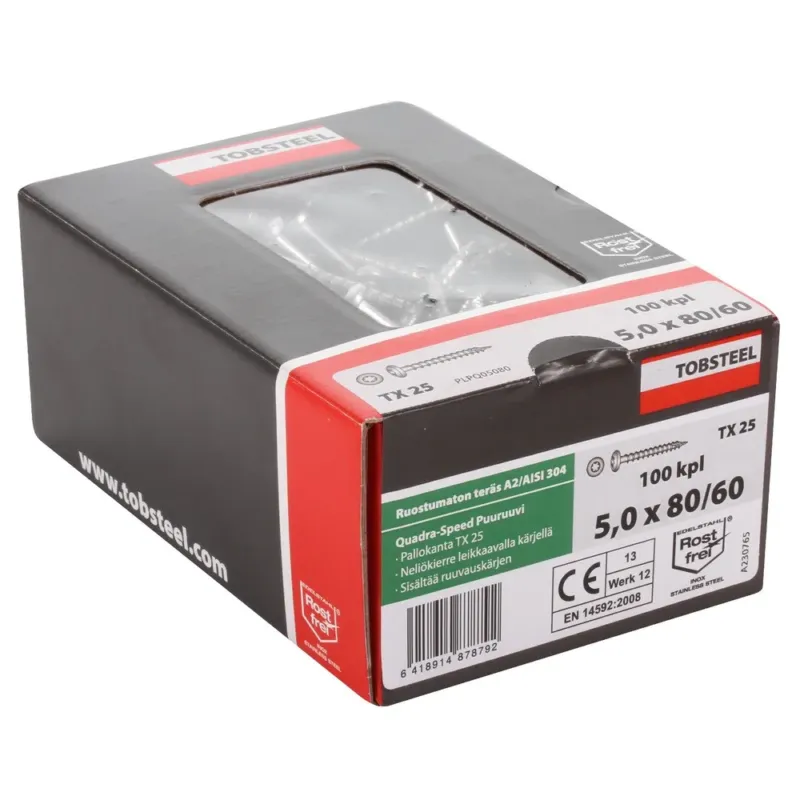 TOBSTEEL PUURUUVI 5X80/60 RST A2 100KPL PALLONKANTA TX25 Tarjoushinta
