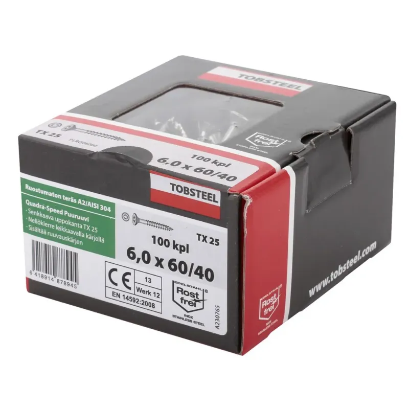 TOBSTEEL PUURUUVI 6X60/40 RST A2 100KPL UPPOKANTA TX25 Korkea Laatu